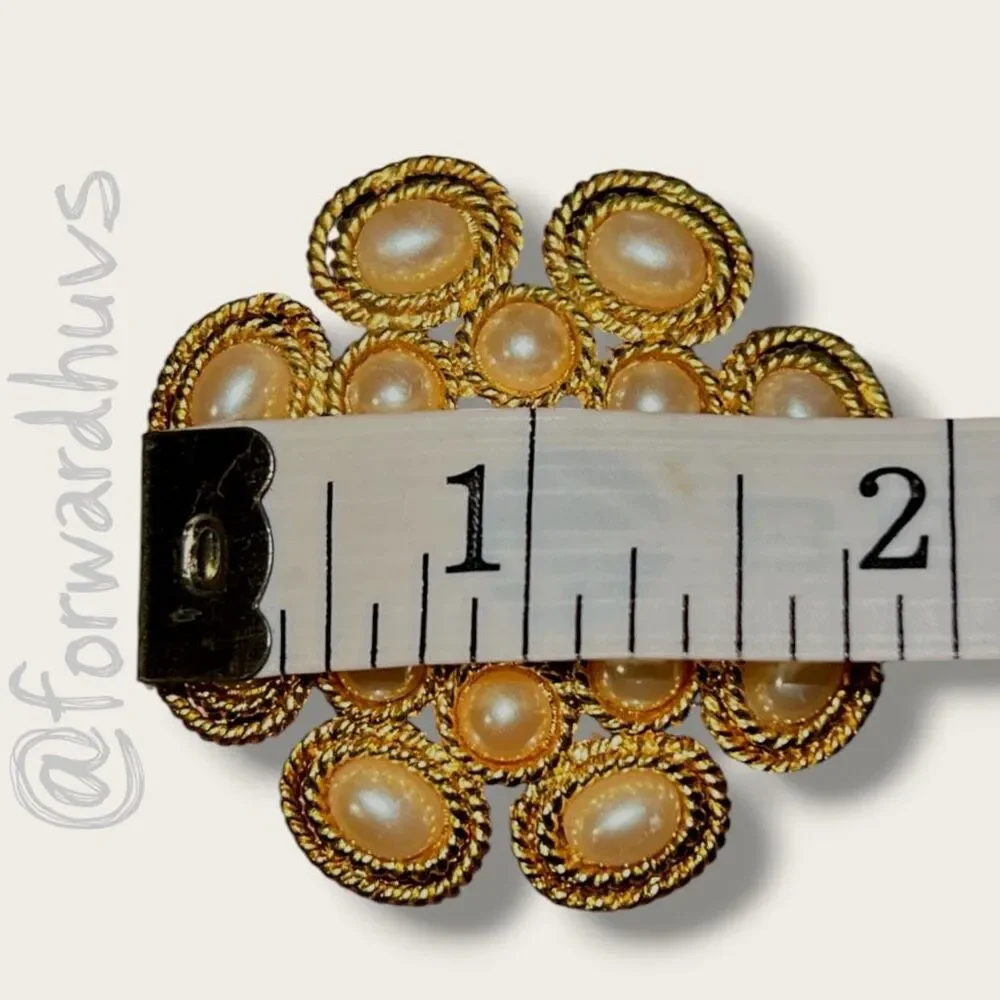 Vintage Gold Tone Faux Pearl Floral Filigree Brooch Pin